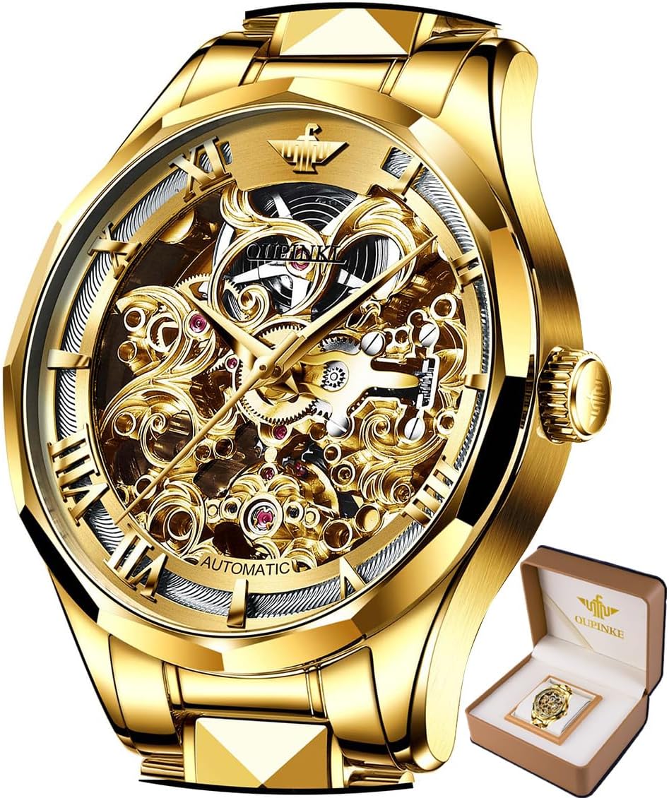 OLEVS Relojes automáticos para hombre esqueleto dorado acero inoxidable