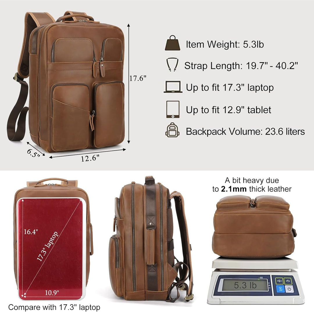 TIDING Mochila para portátil de cuero de grano completo de 17.3 pul...