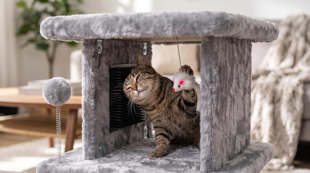Cama grande para gatos con poste rascador y tabla de peinar