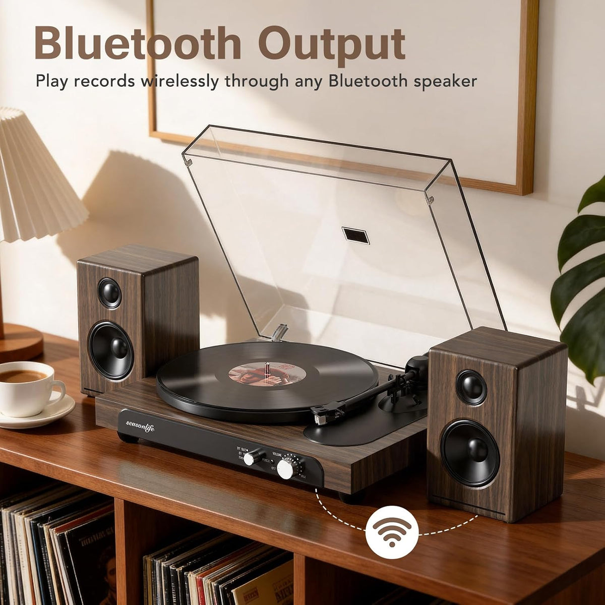 Seasonlife® Tocadiscos inalámbrico de entrada y salida, reproductor de vinilo de alta fidelidad con contrapeso ajustable y antideslizante, preamplificador de teléfono integrado, cartucho AT-3600L para