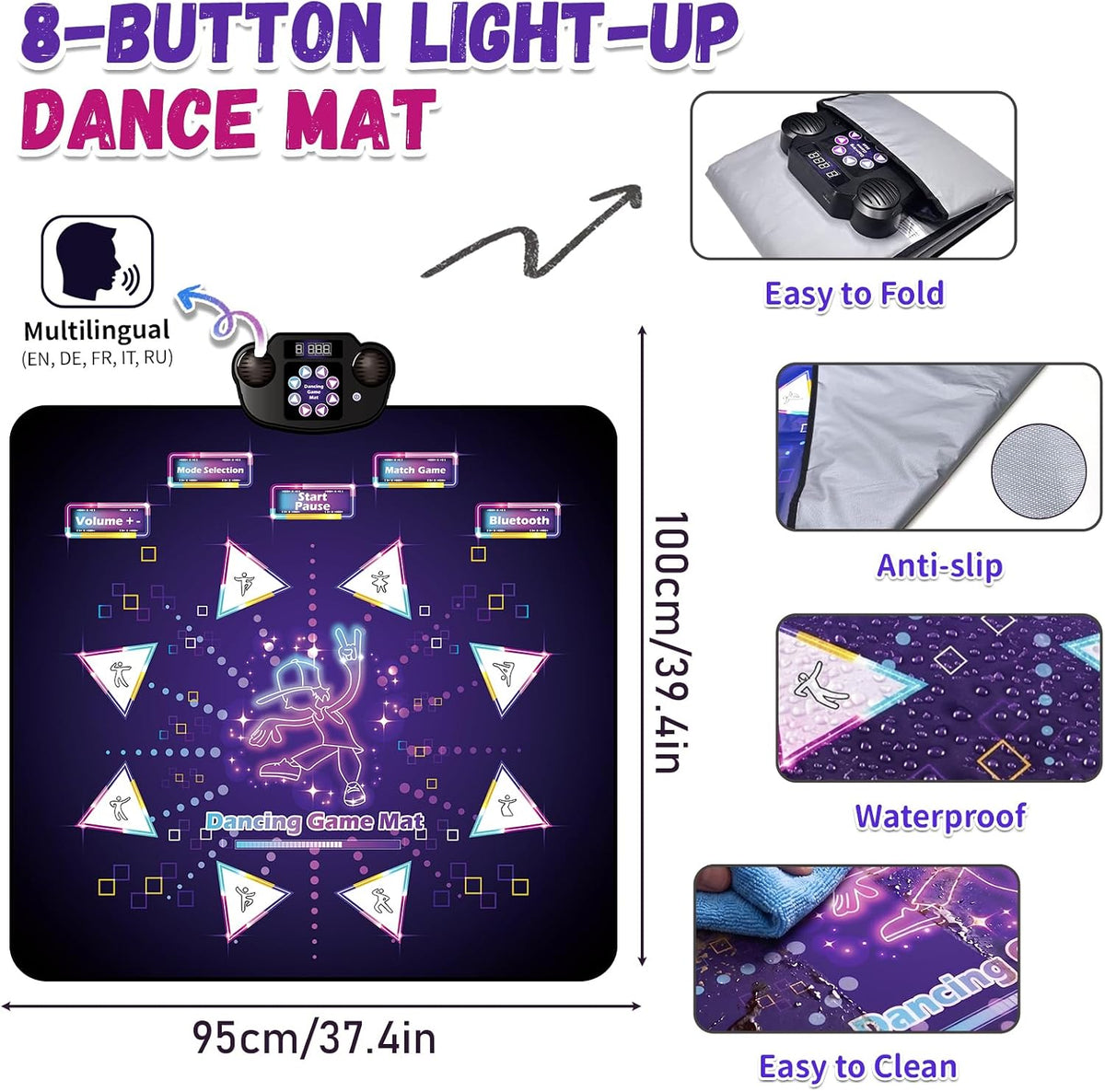 YESHIN Tapete de baile iluminado para niños, almohadilla de baile extragrande mejorada con Bluetooth y 6 modos de juego, alfombrilla de baile musical recargable, juguete antideslizante e impermeable