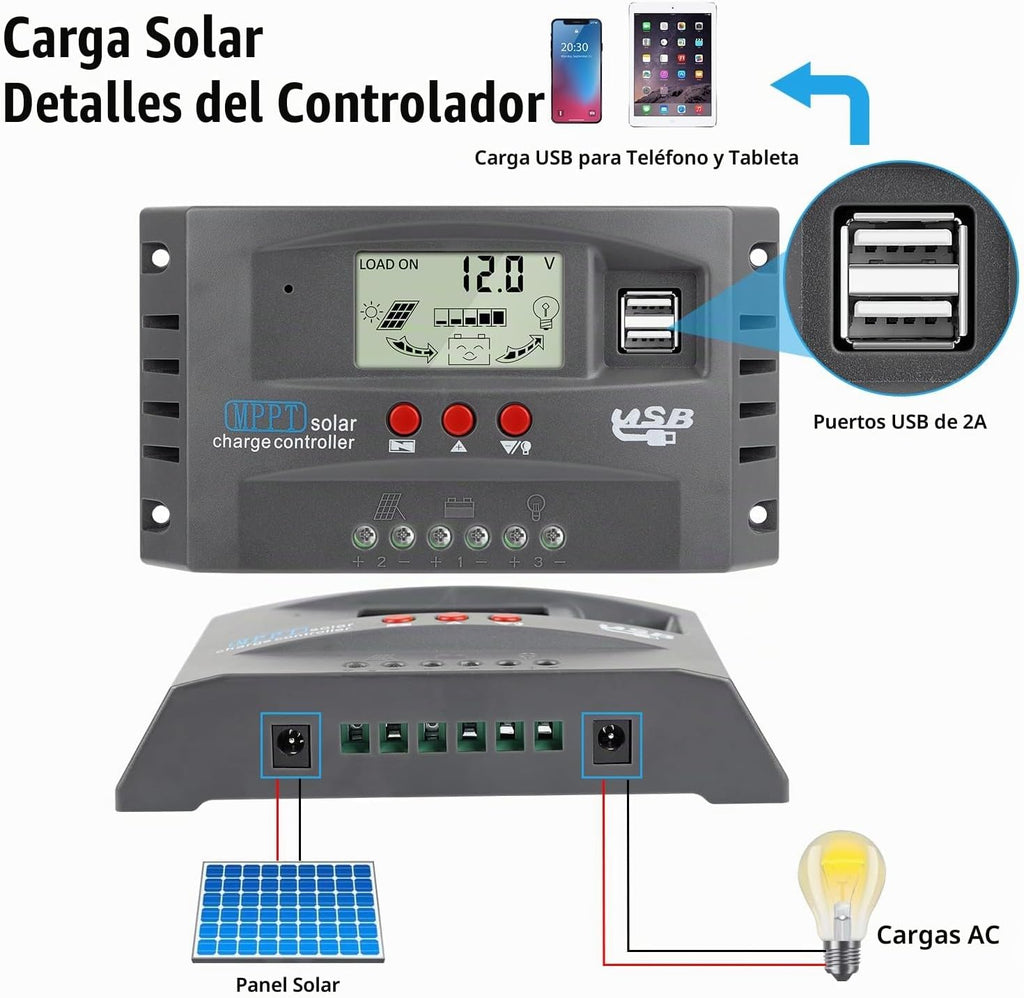 Controlador de carga de panel solar MPPT de 60 A, controlador de cargador de batería solar automático de 12 V/24 V con pantalla LCD, puerto USB dual y temporizador de ajuste de horas de