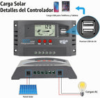 Controlador de carga de panel solar MPPT de 60 A, controlador de cargador de batería solar automático de 12 V/24 V con pantalla LCD, puerto USB dual y temporizador de ajuste de horas de