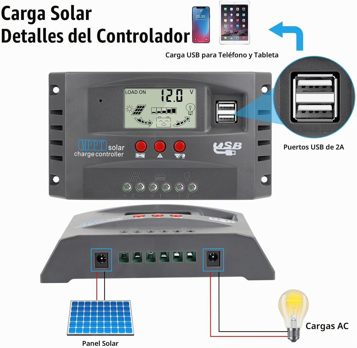 Controlador de carga de panel solar MPPT de 60 A, controlador de cargador de batería solar automático de 12 V/24 V con pantalla LCD, puerto USB dual y temporizador de ajuste de horas de