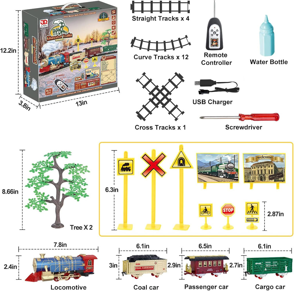 Juego de tren de control remoto para niños de 3 a 8 años, tren de juguete eléctrico con vapor, luces y sonidos, incluye 17 pistas y batería recargable para jugar en interiores