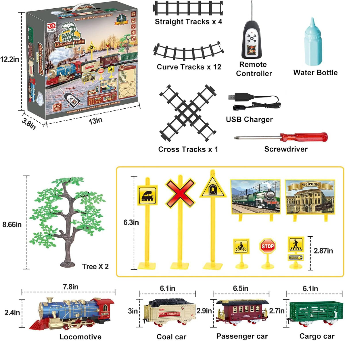 Juego de tren de control remoto para niños de 3 a 8 años, tren de juguete eléctrico con vapor, luces y sonidos, incluye 17 pistas y batería recargable para jugar en interiores