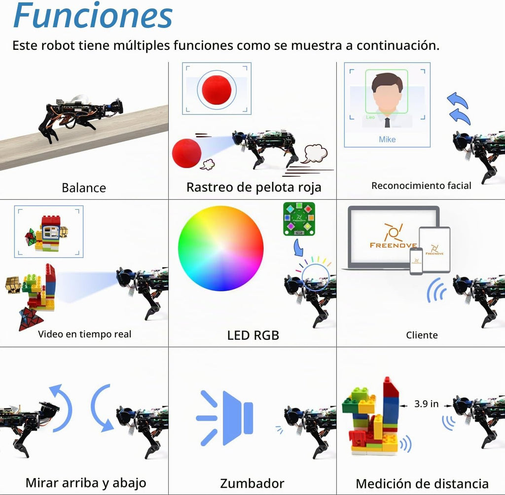 FREENOVE Kit robot para perro Raspberry Pi 5 4 B 3 B+ Zero 2 W, caminar, autoequilibrio, reconocimiento facial, rastreo de bolas, rango ultrasónico, control de aplicación, cámara, servo (frambuesa Pi no incluida)