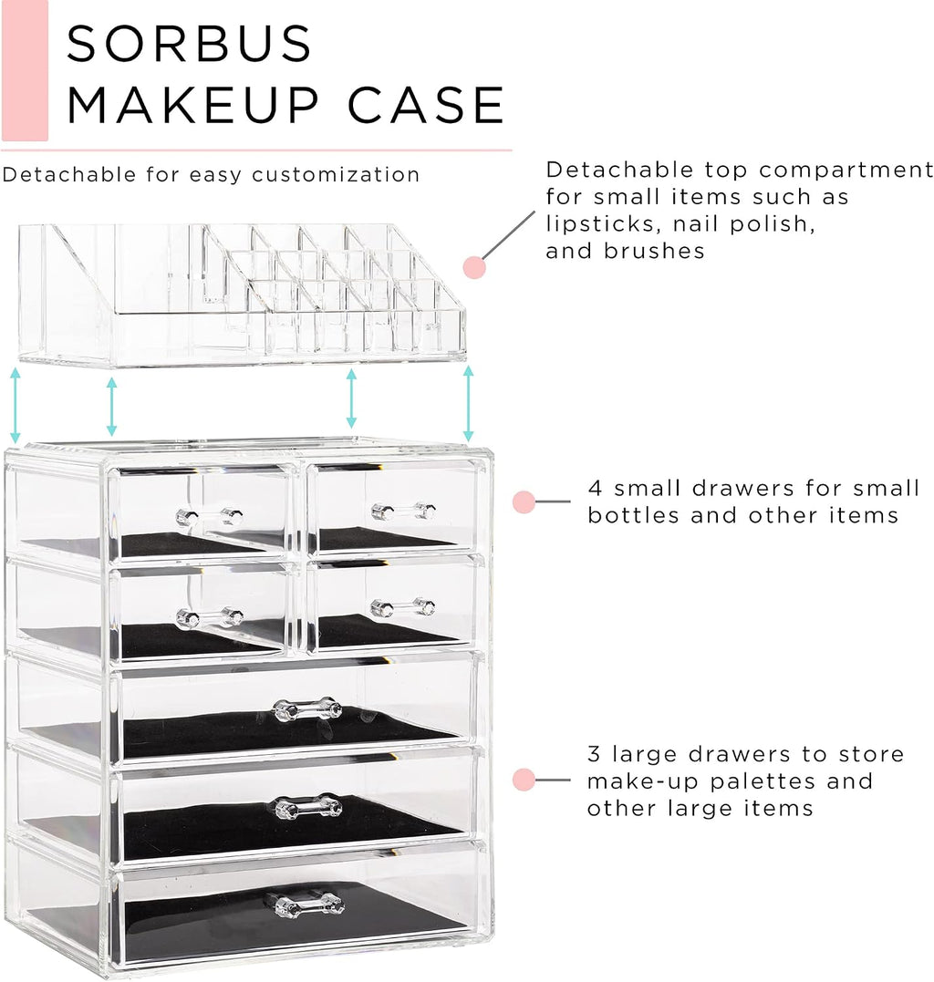 Sorbus Organizador de maquillaje, juego de 2 piezas acrílicas de 7 cajones