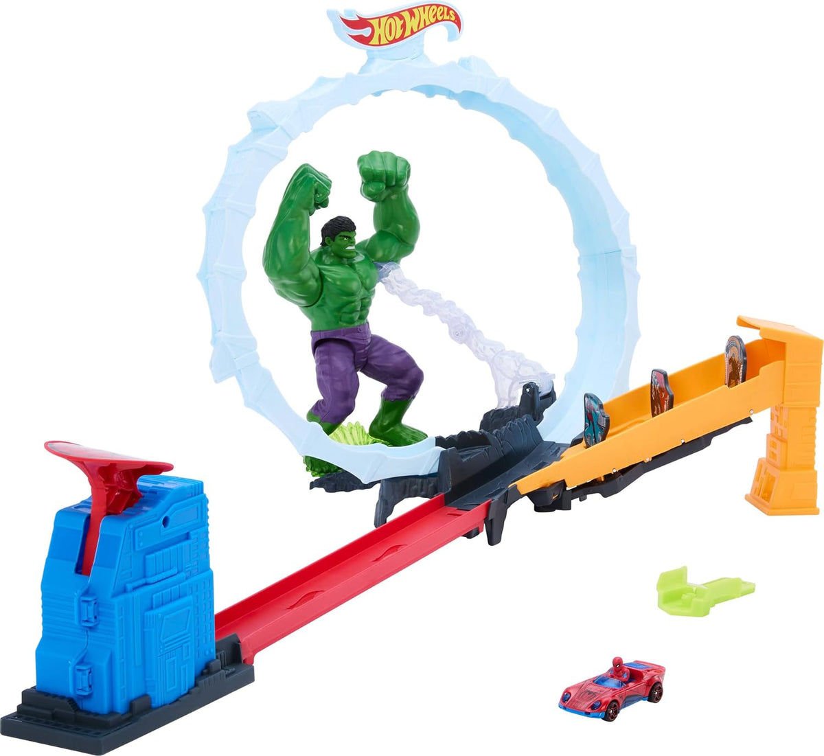 Hot Wheels Juego de pistas de autos de juguete, Spider-Man y Hulk Smash Down con 1 vehículo de superestrella fundido a presión, carrera a través de un bucle para derrotar a los villanos