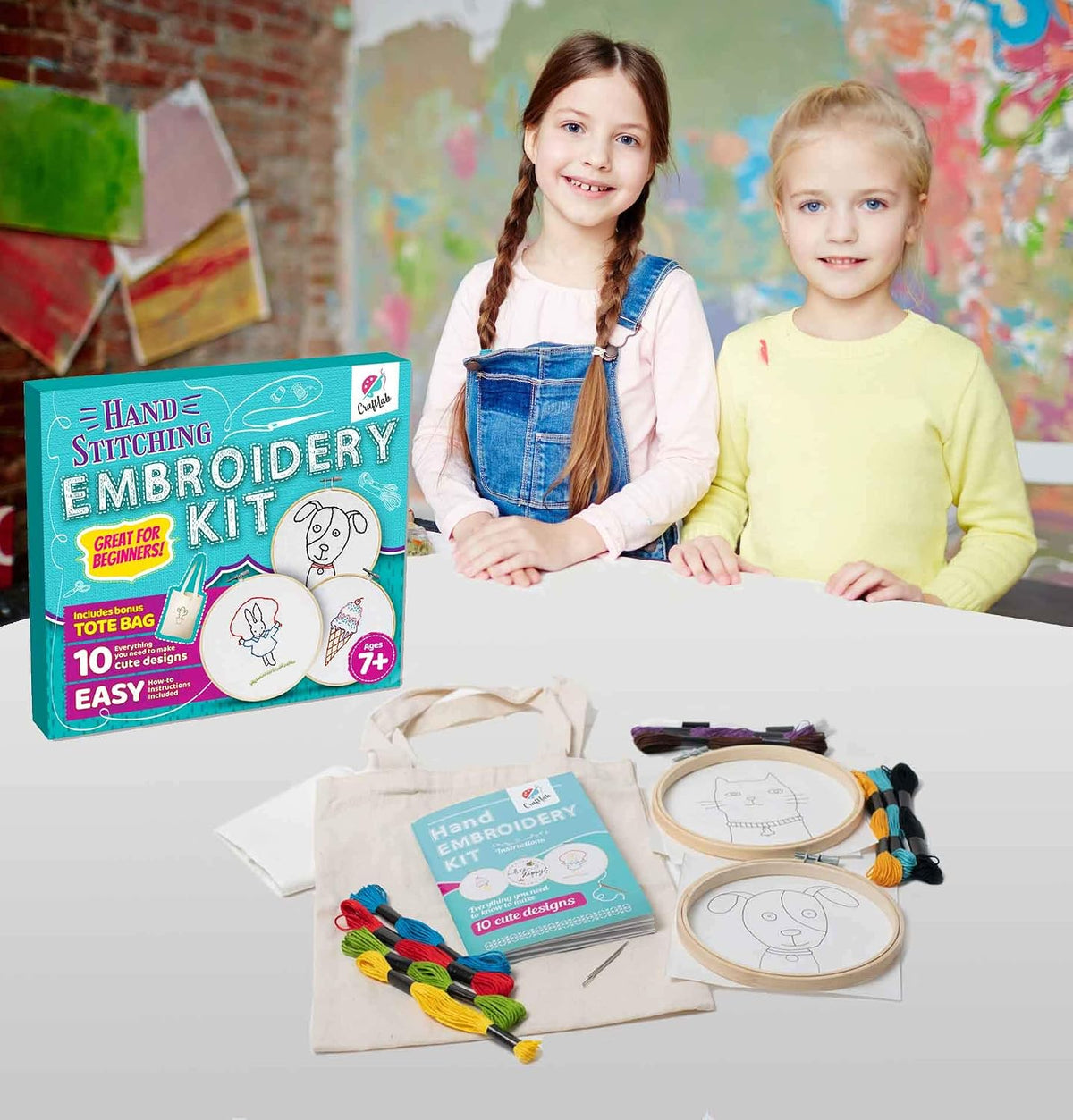 CraftLab Kit de bordado para niños, kit de costura para principiantes con 10 proyectos, aros, hilo, patrones