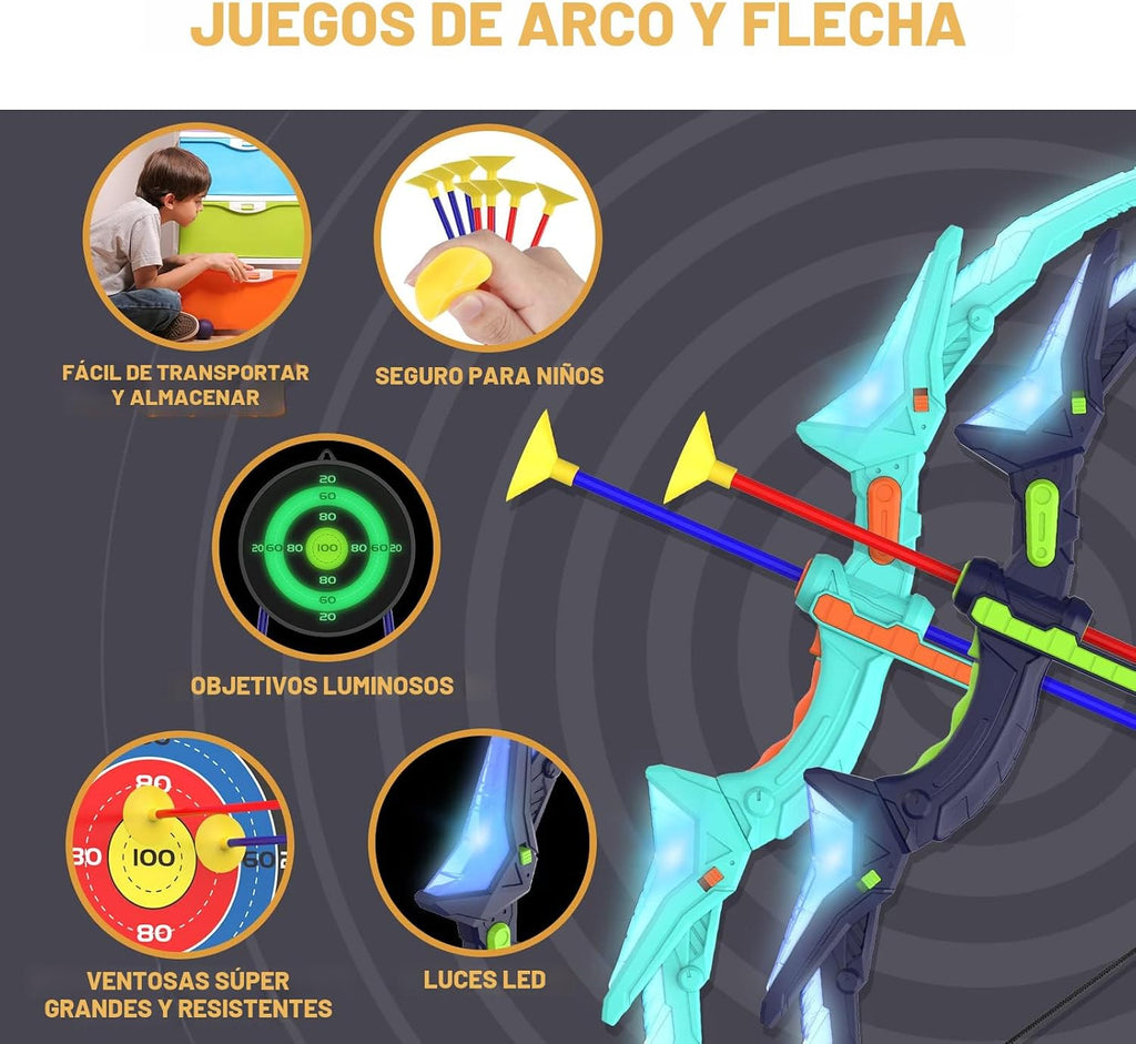Kmuxilal Set de Arco y Flecha para Niños 2 Pack con Luces LED, 14 Flechas con Ventosa y Diana de Pie Fluorescente - Juego de Tiro con Arco Perfecto para Interior y Exterior, Juguete Regalo para Niños de 4 5 6 7 8-12 Años
