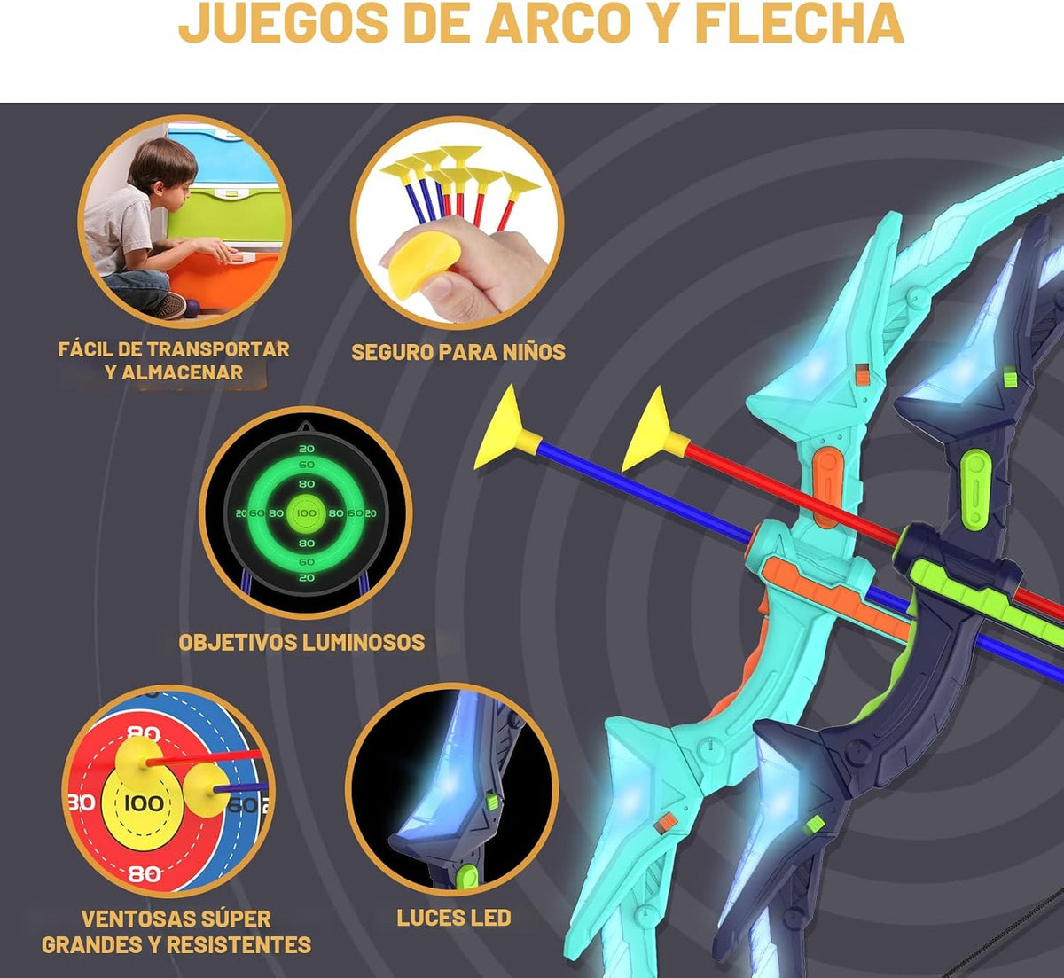 Kmuxilal Set de Arco y Flecha para Niños 2 Pack con Luces LED, 14 Flechas con Ventosa y Diana de Pie Fluorescente - Juego de Tiro con Arco Perfecto para Interior y Exterior, Juguete Regalo para Niños de 4 5 6 7 8-12 Años