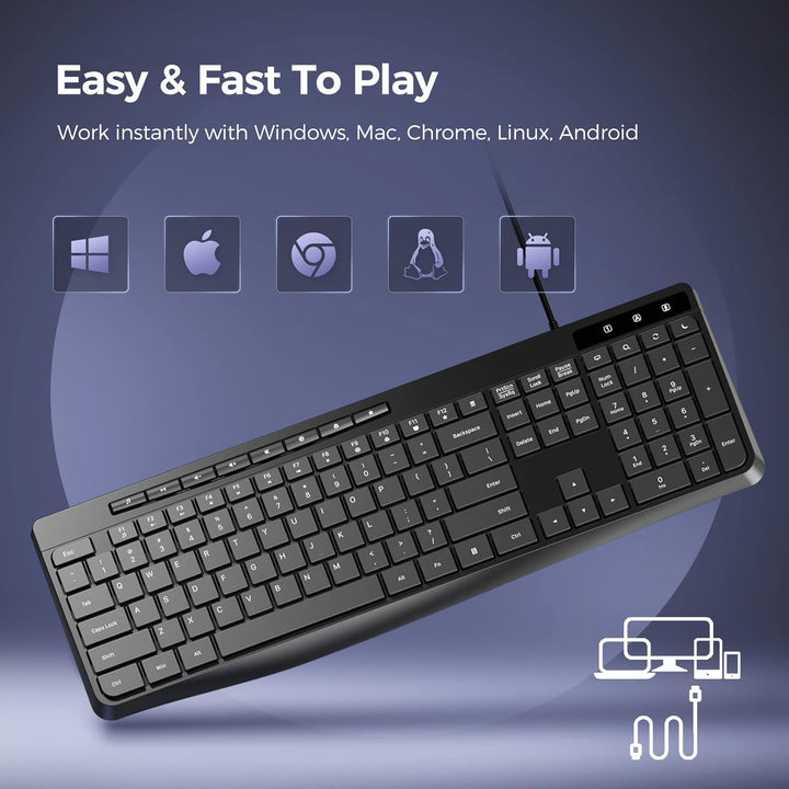 Virfour Teclado con cable teclado silencioso teclado de