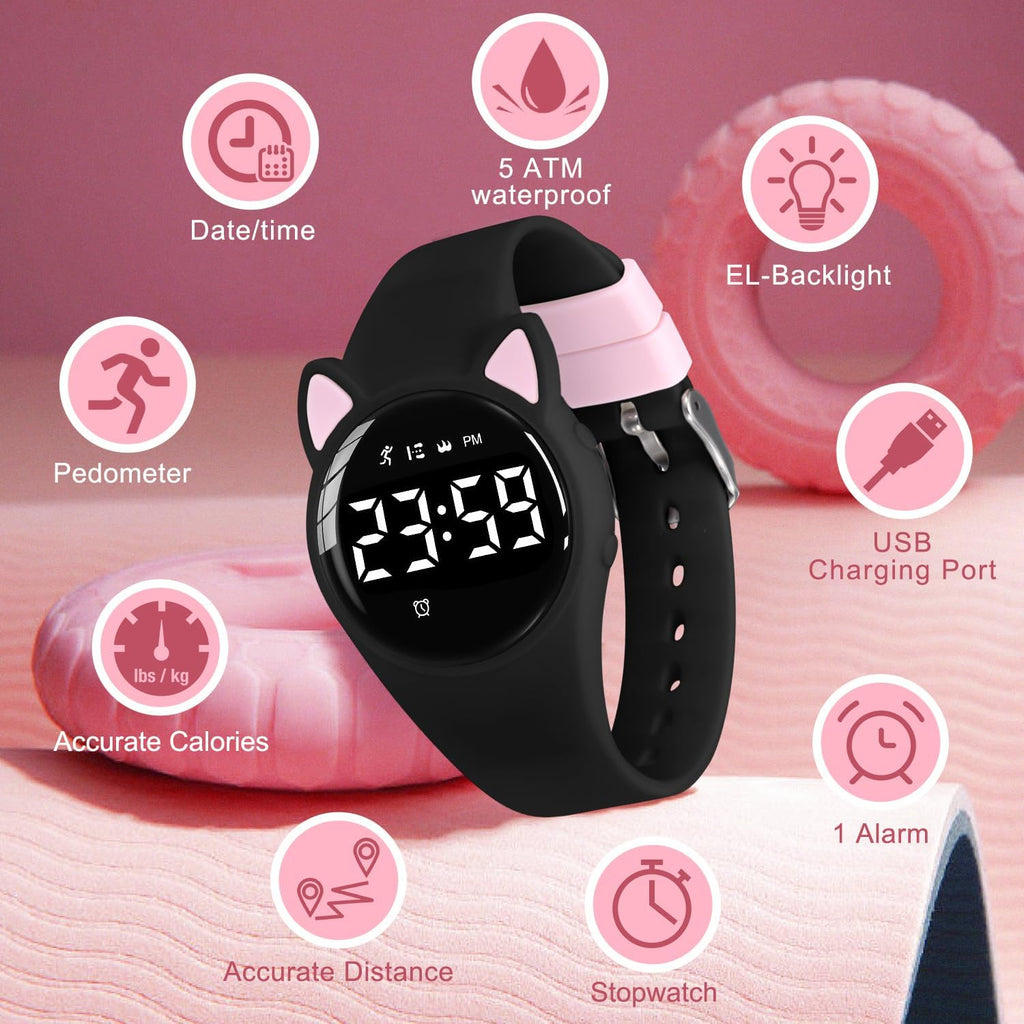 Relojes para niños y niñas, reloj deportivo digital con contador de pasos, podómetro, alarma de vibración, sin aplicación, impermeable, rastreador de fitness, reloj para niños, niñas, adolescentes
