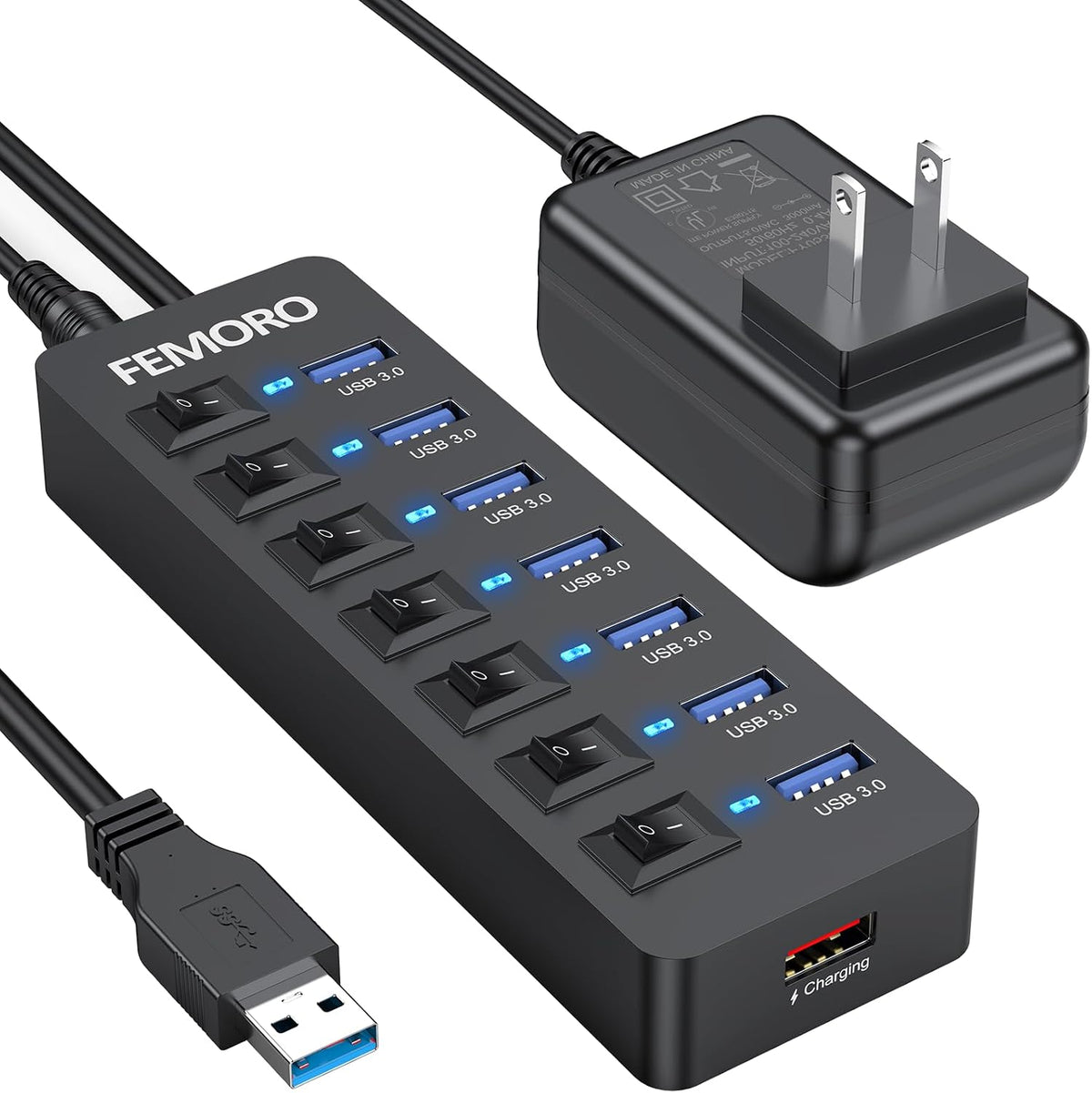 FEMORO, FE033-D1, hub USB 3.0 de 7 puertos, alimentado, adaptador 5V/3A