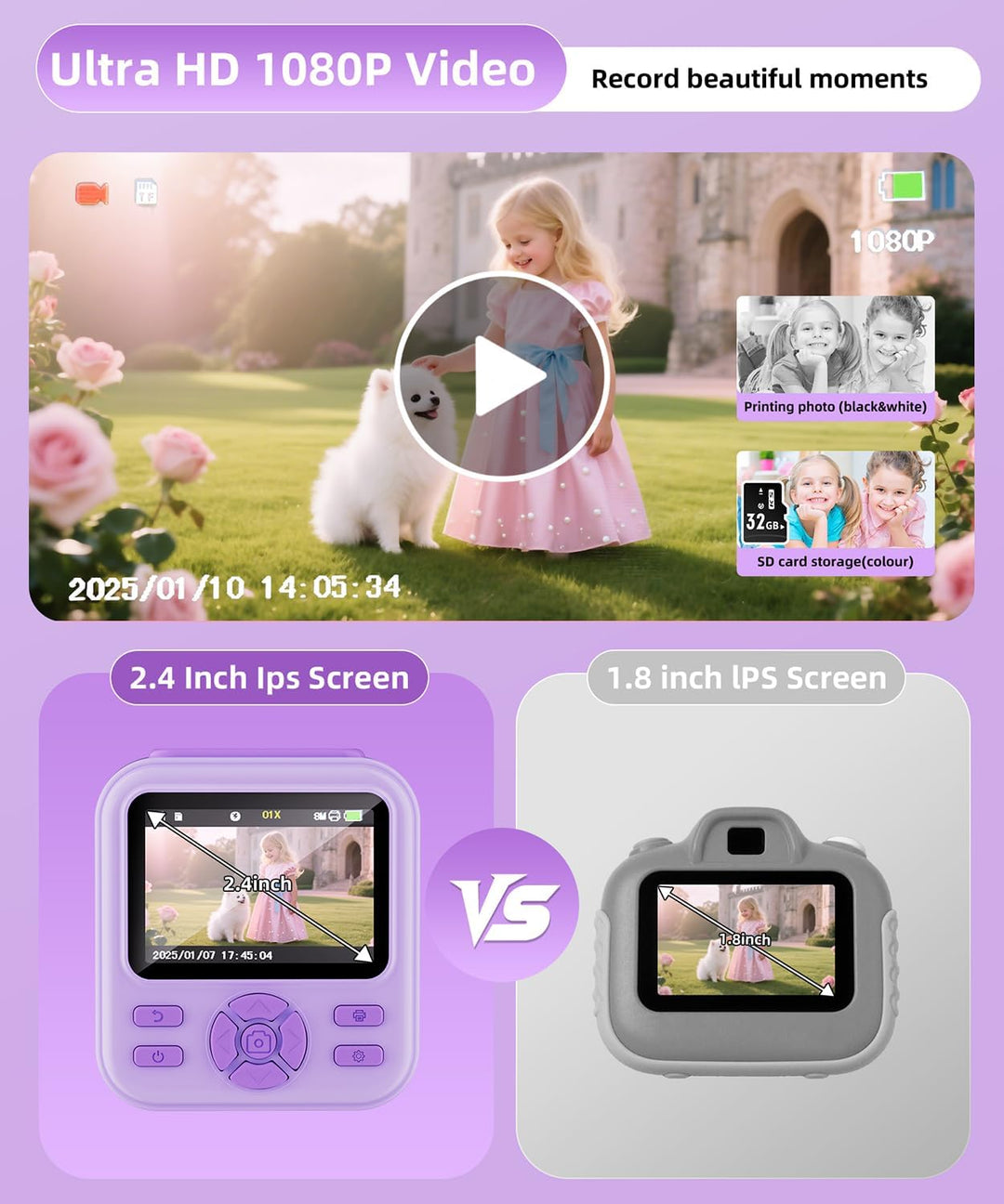 Cámara de impresión instantánea para niños y niñas, cámaras HD de 4...