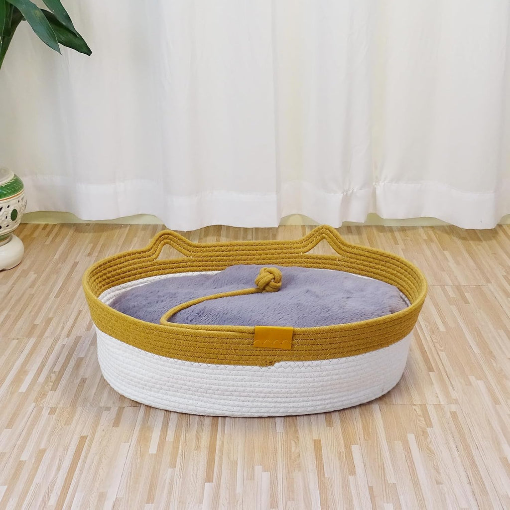 Cesta de cuerda natural para gatos, cama acogedora con cojín de
