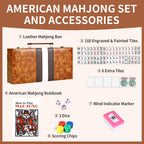 Juego de mahjong americano premium con funda de piel sintética de lujo marrón, 166 azulejos blancos, incluye fichas y dados, juego de azulejos Mahjong portátil de viaje completo