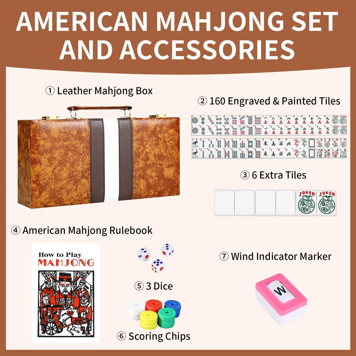 Juego de mahjong americano premium con funda de piel sintética de lujo marrón, 166 azulejos blancos, incluye fichas y dados, juego de azulejos Mahjong portátil de viaje completo
