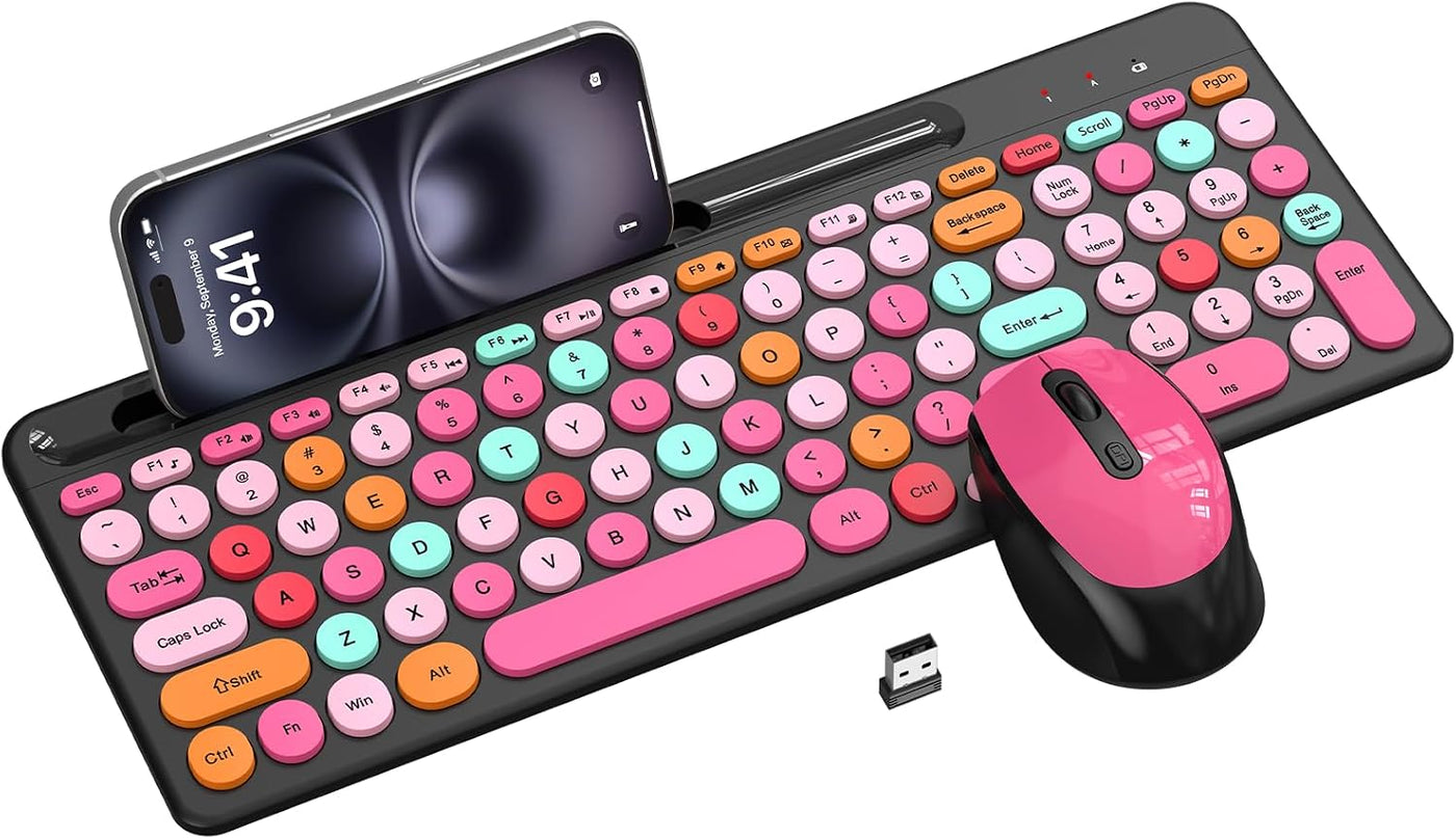 Colorido combo de teclado y mouse inalámbricos, teclas redondas, te...