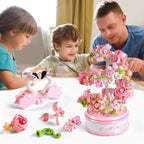 Kit de bloques de construcción de caja de música de flores con luz, 713 piezas, decoración giratoria, caja de música, colección botánica, día de la madre, regalos de cumpleaños para niñas, niños, adultos, niños a partir de 6 años