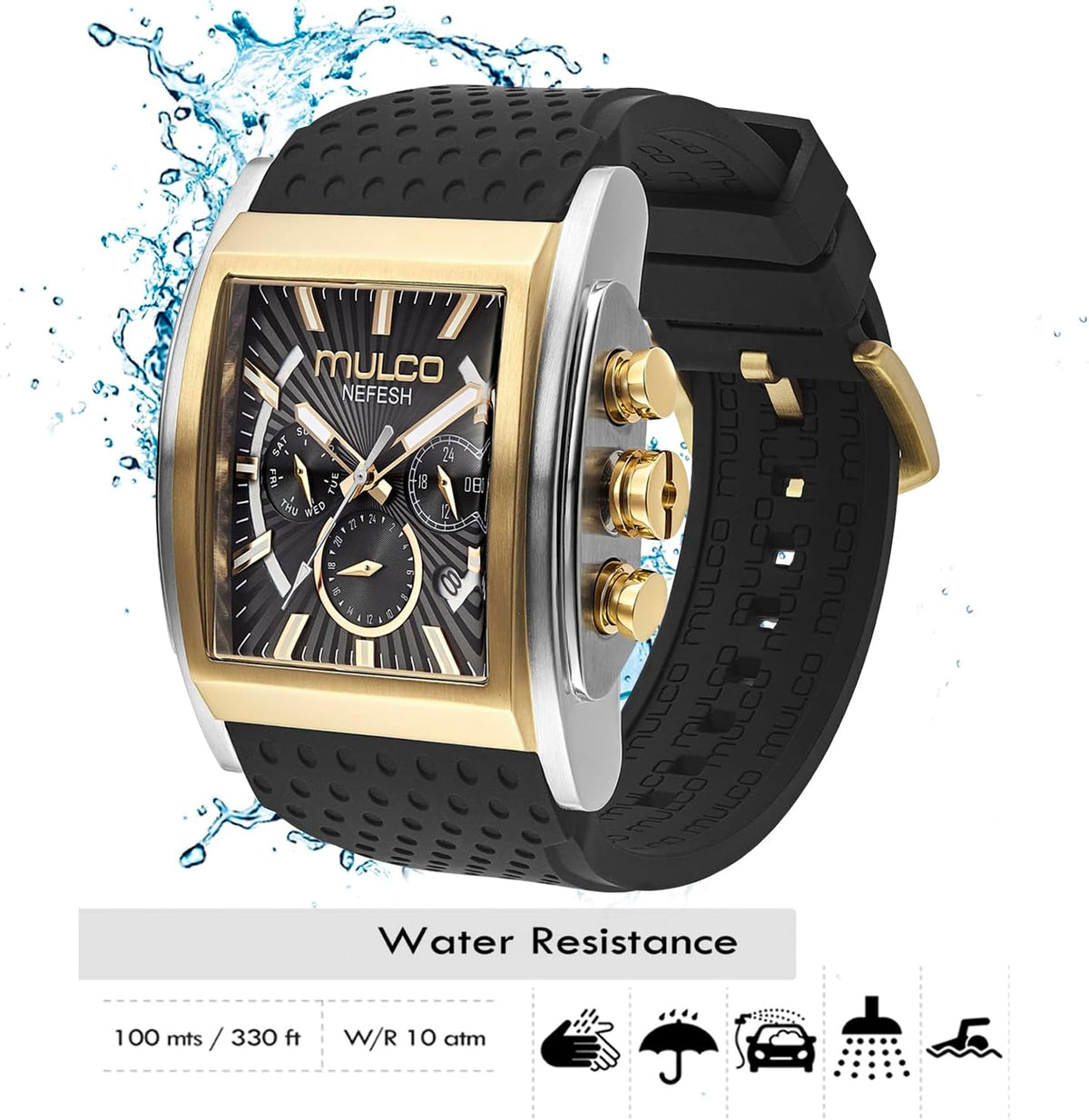 MULCO Relojes Kripton Square - Caja de acero inoxidable de 1.811 in, color negro con correa de silicona para muñeca, movimiento multifuncional de cuarzo para día y fecha, pantalla analógica de cara