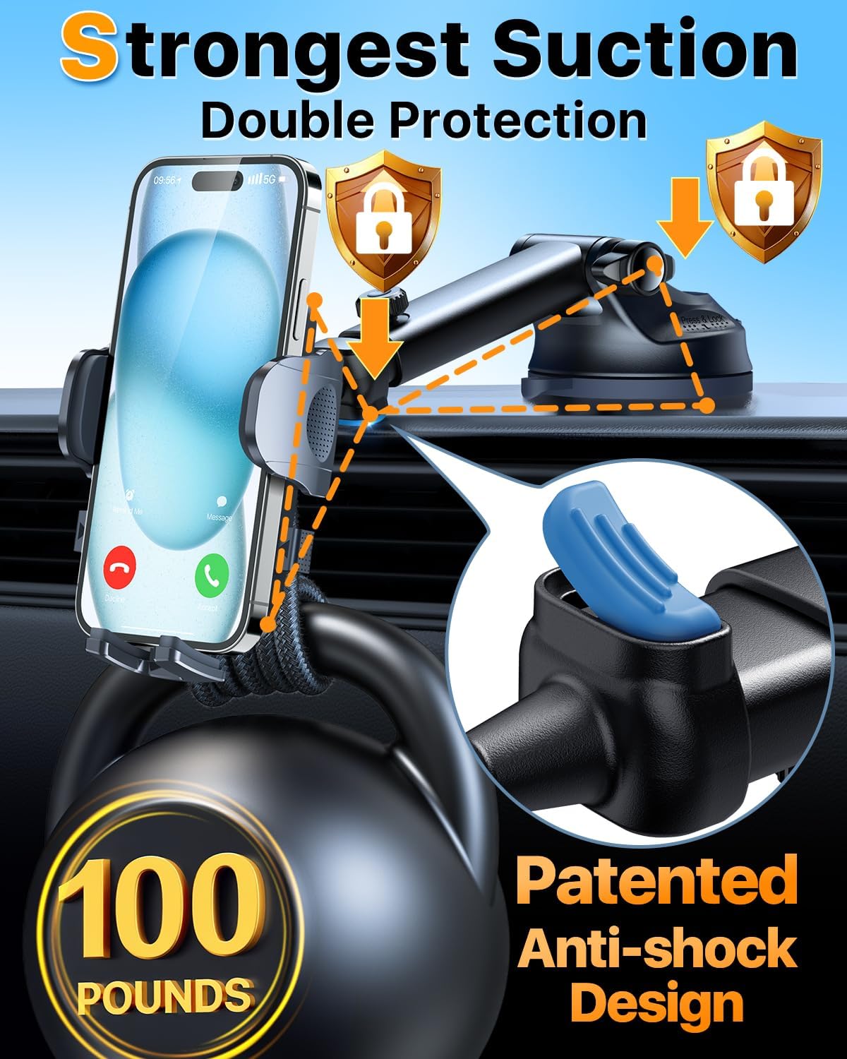 2026 Ultimate Best【Grado militar real y certificación de seguridad】Soporte de teléfono para automóvil HTU【Rotación 360° mejorada y succión más fuerte de 100LBS】Soporte 5 en 1 para parabrisas, tablero y ventilación de camión para iPhone y Android, Negro