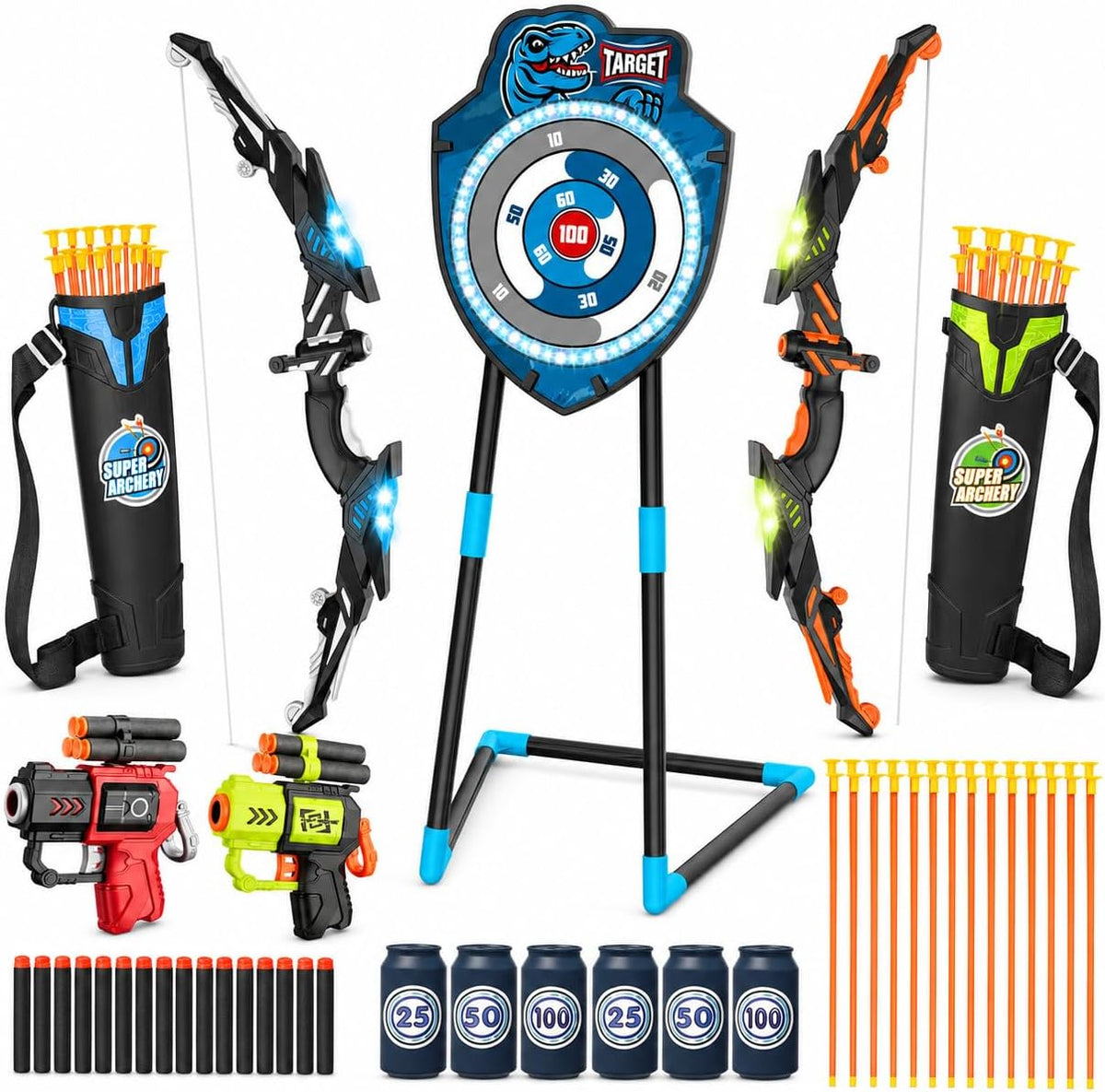Juego de 2 arcos y flechas LED para niños con objetivo de pie, 20 flechas de ventosa, 2 carcajes y dardos de espuma, juguete de tiro con arco para interiores y exteriores, regalo para niños y niñas de 3 a 12 años