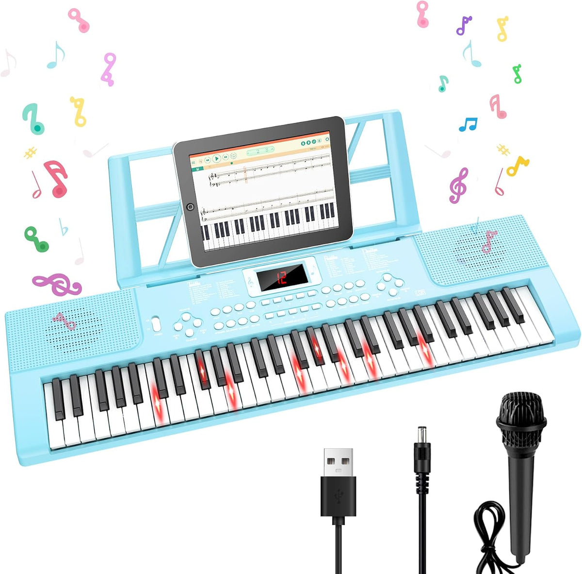 Teclado de piano para niños de 61 teclas con teclas iluminadas, modo de enseñanza, altavoz dual