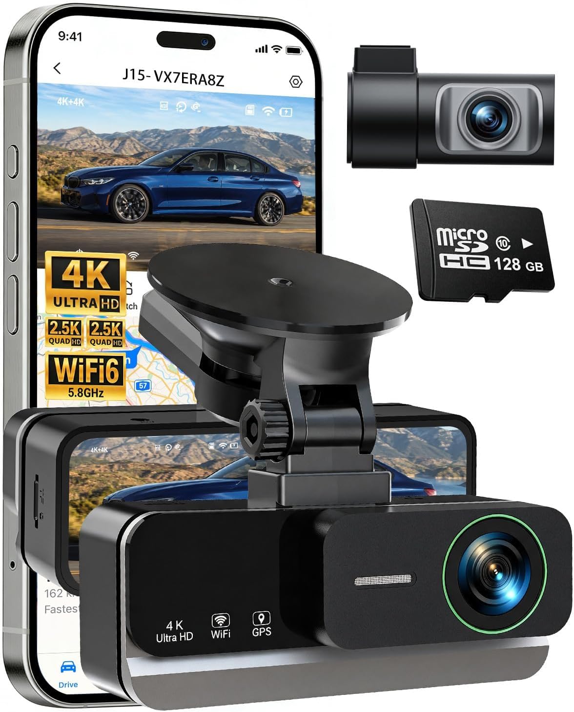 Dash Cam 4K+4K Frontal y Trasera, Incluye Tarjeta de 128GB, Dash Cam para Auto