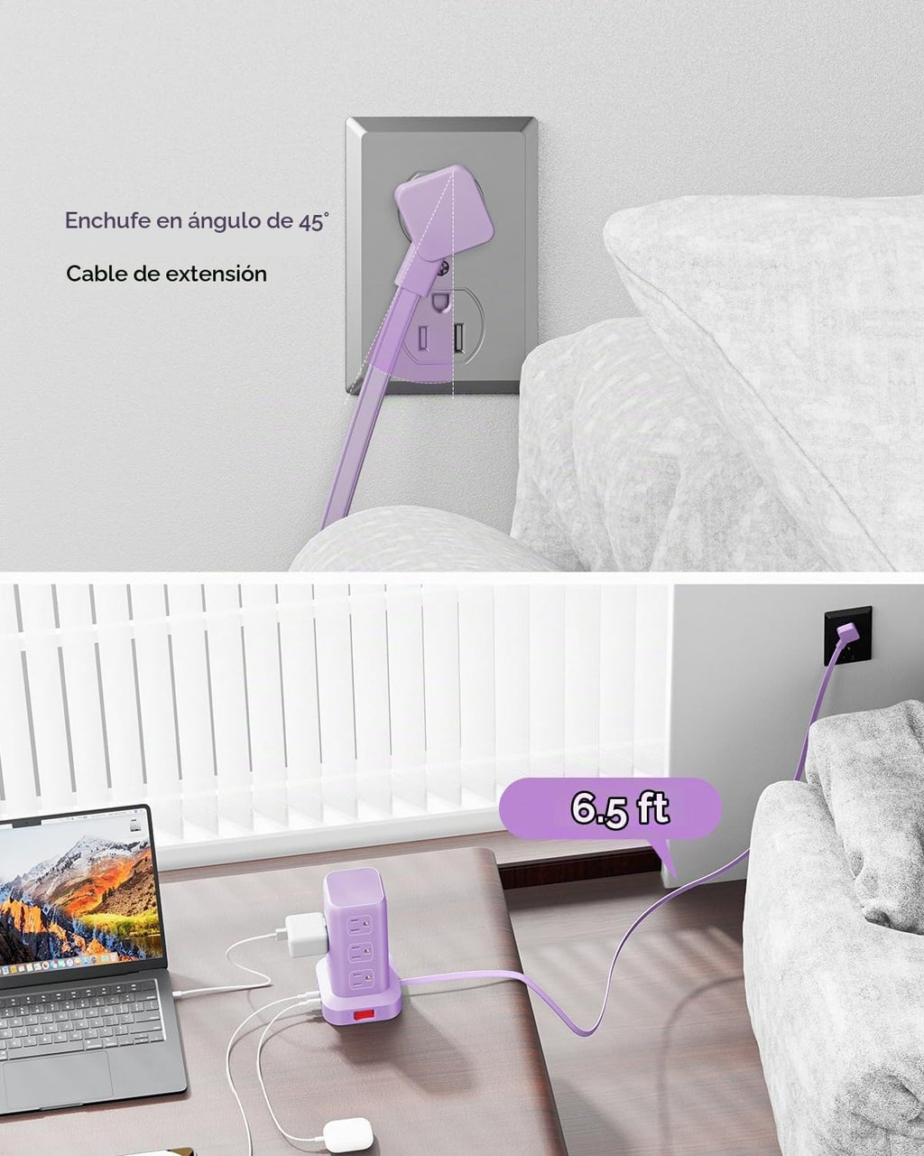 Regleta de alimentación con 12 tomas, 4 USB (1 USB C), cable de extensión de 6.5 pies con múltiples tomas, estación de carga, torre de regleta de alimentación morada, suministros de escritorio de