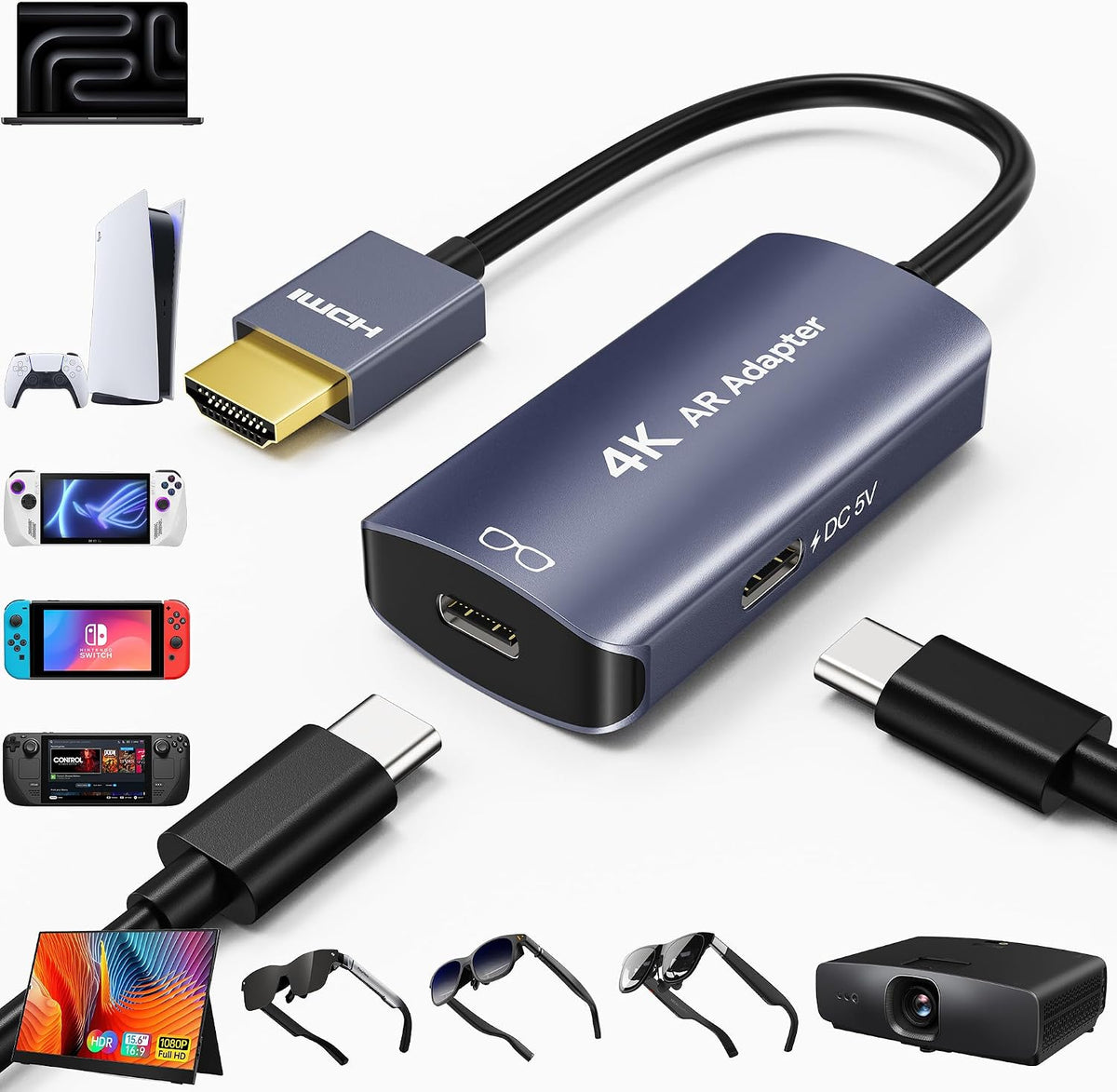 AR Glasses HDMI a USB C adaptador 4K@60Hz, XR Converter con Play y Charge DC 5V, HDMI a USB-C Video Display para XREAL One/Air 2 Pro/VITURE/RayNeo/Rokid, interruptor 2/1, PS5/4, Xbox, Portable Monitor