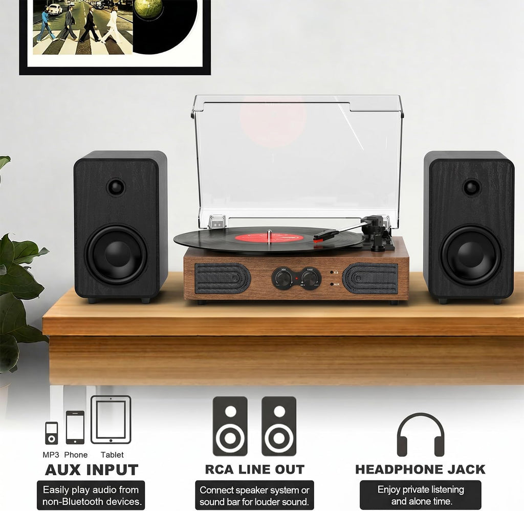 Tocadiscos de vinilo de 3 velocidades con altavoces, control de bajos