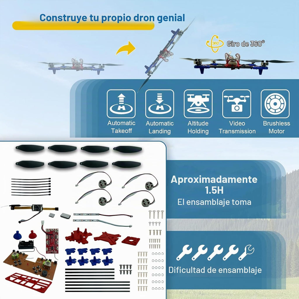 Kit de Drone Cuadricóptero DIY: Un Proyecto STEM Único con Motor sin Escobillas, Vuelo Estacionario con Flujo Óptico, Despegue y Aterrizaje con Un Clic, y Giro de 360° para que los Entusiastas del DIY