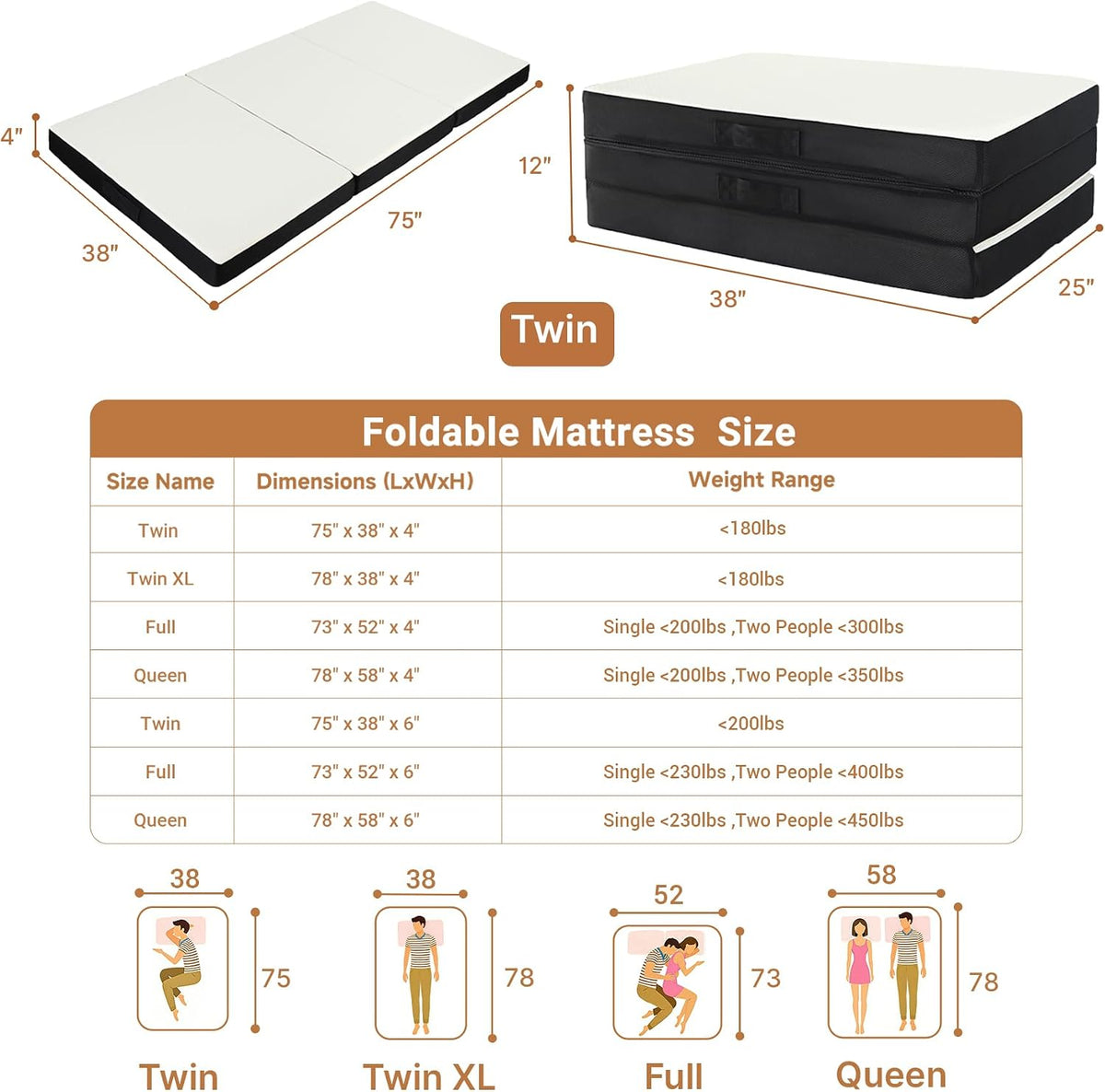 Colchón plegable Twin de espuma viscoelástica, colchoneta para dormir tri-plegable