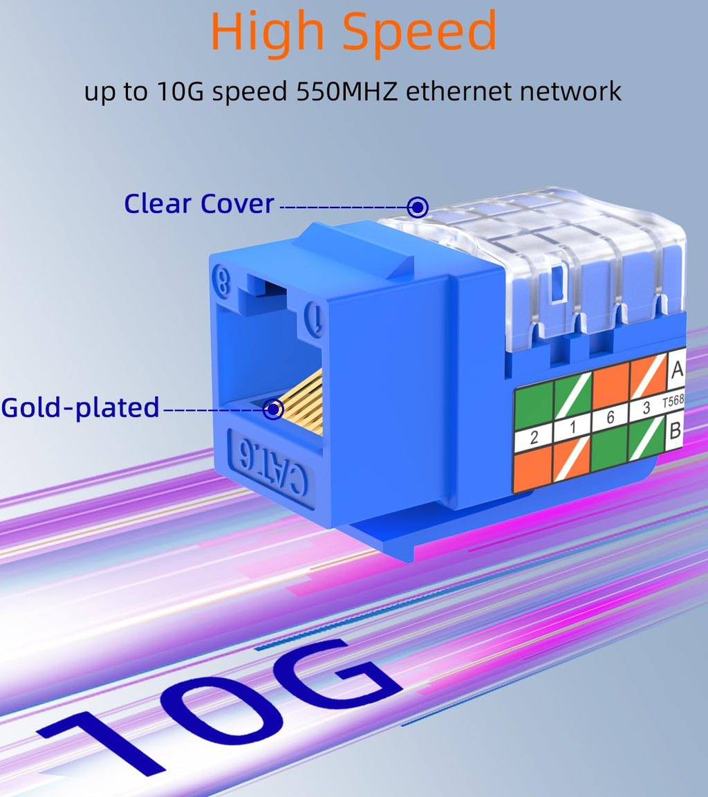 Rapink Soporte de conector Keystone RJ45 Cat6 10G, conectores Keystone Cat6 UTP 100 unidades para placa de pared y panel de conexiones, Rj45 Keystone 90 grados color azul para cableado Cat 6, Cat5e