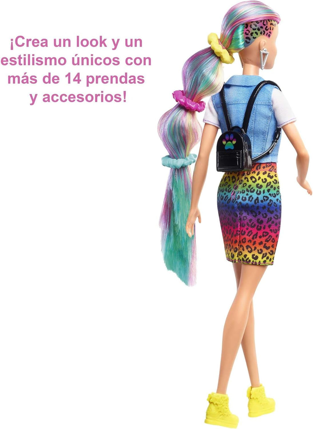 Barbie Muñeca de pelo arcoíris de leopardo con reflejos que cambian...