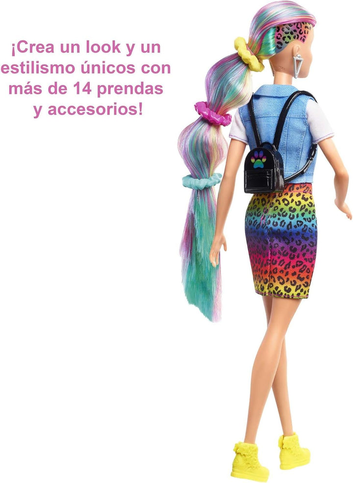 Barbie Muñeca de pelo arcoíris de leopardo con reflejos que cambian...
