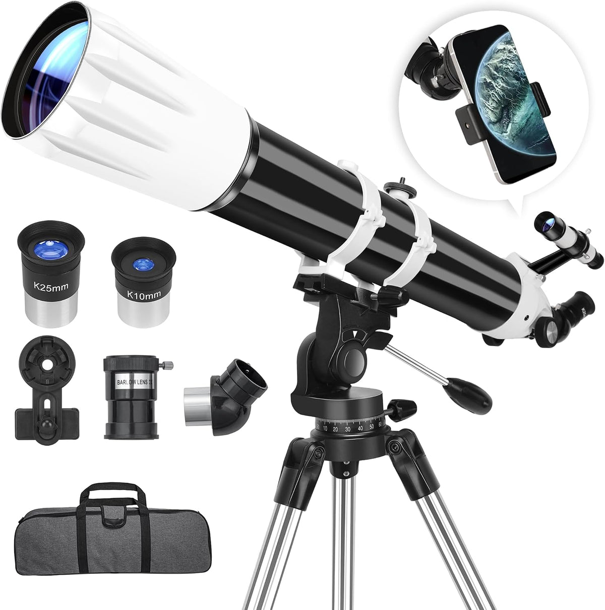 Hawkko Telescopio de apertura de 3.543 in y 35.433 in para adultos de alta potencia, telescopio refractor profesional multicapa para principiantes en astronomía (36X-270X) con soporte AZ, adaptador de