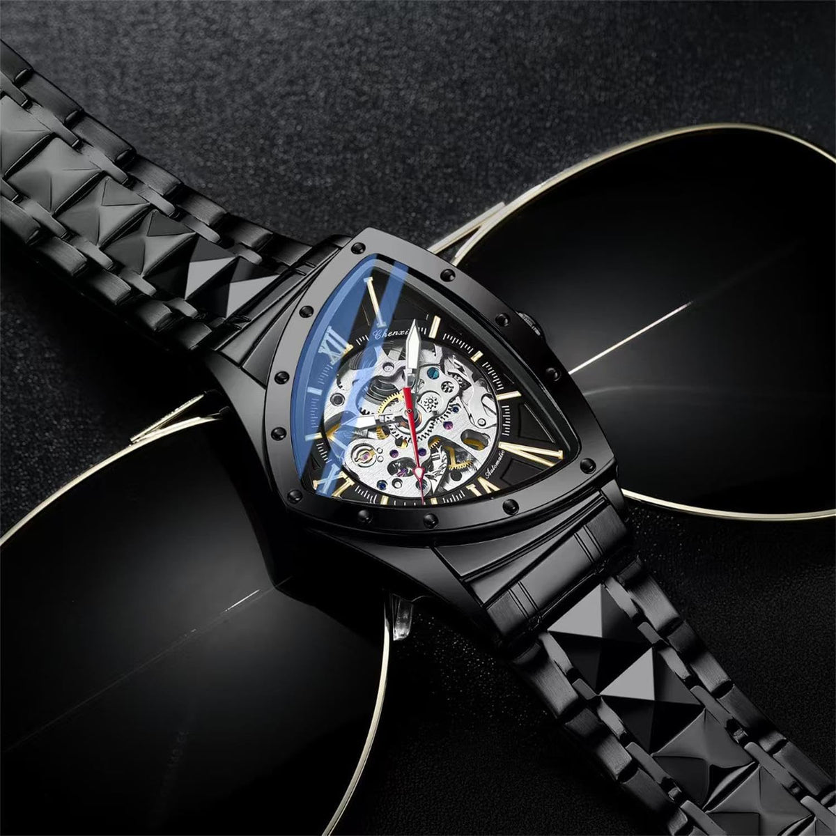 Tiong Triangle Skeleton Reloj Mecánico Automático para Hombre, Correa de Acero Inoxidable Reloj Deportivo para Hombre