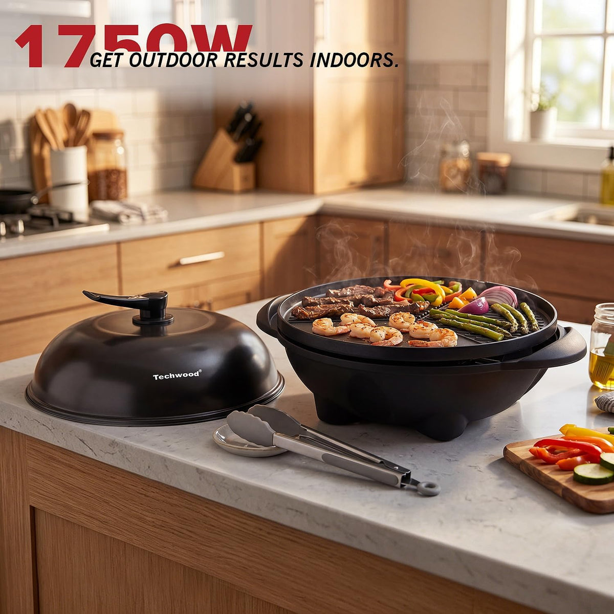 Techwood - Parrilla eléctrica, parrilla portátil 2 en 1 para interiores y exteriores, parrilla de soporte extraíble de 1750 W con placa antiadherente, plancha eléctrica para campamento, patio y patio