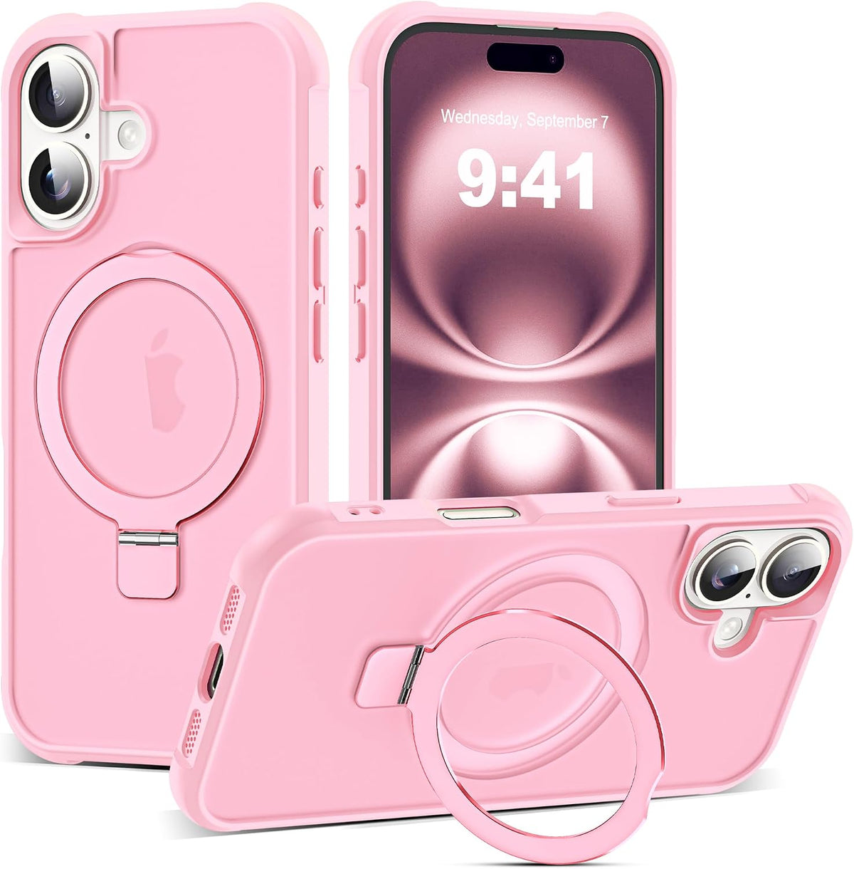 SKYLMW - Funda compatible con iPhone 16 con soporte magnético invisible tipo anillo, funda de grado militar para iPhone 16 de 6.1 pulgadas, compatible con MagSafe, gran sensación de agarre, rosa