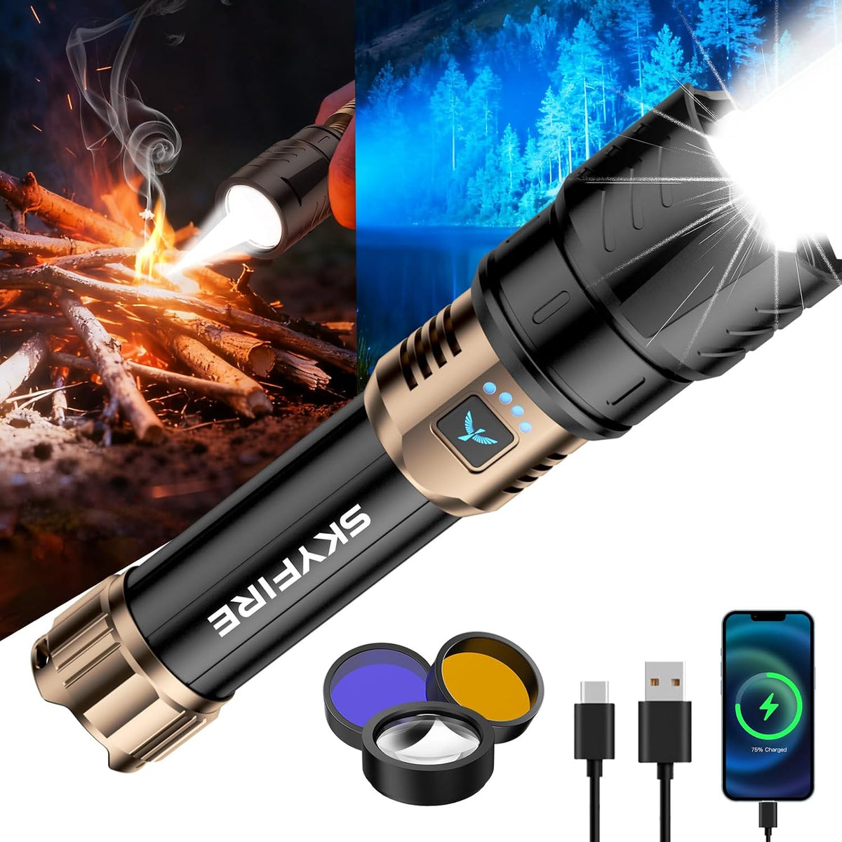 SKYFIRE Linternas de alto lúmenes con lente de encendido y luz de 3 colores, 10000 linterna recargable súper brillante de 3000 lm, zoom, 12 modos, luz táctica impermeable para exteriores