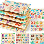 GRINNNIE - Rompecabezas de madera para niños pequeños de 3, 4 y 5 años, juguetes Montessori para niños pequeños, 5 rompecabezas con perilla, número, alfabeto, forma y animal, gran regalo de cumpleaños de Navidad para niños y niñas