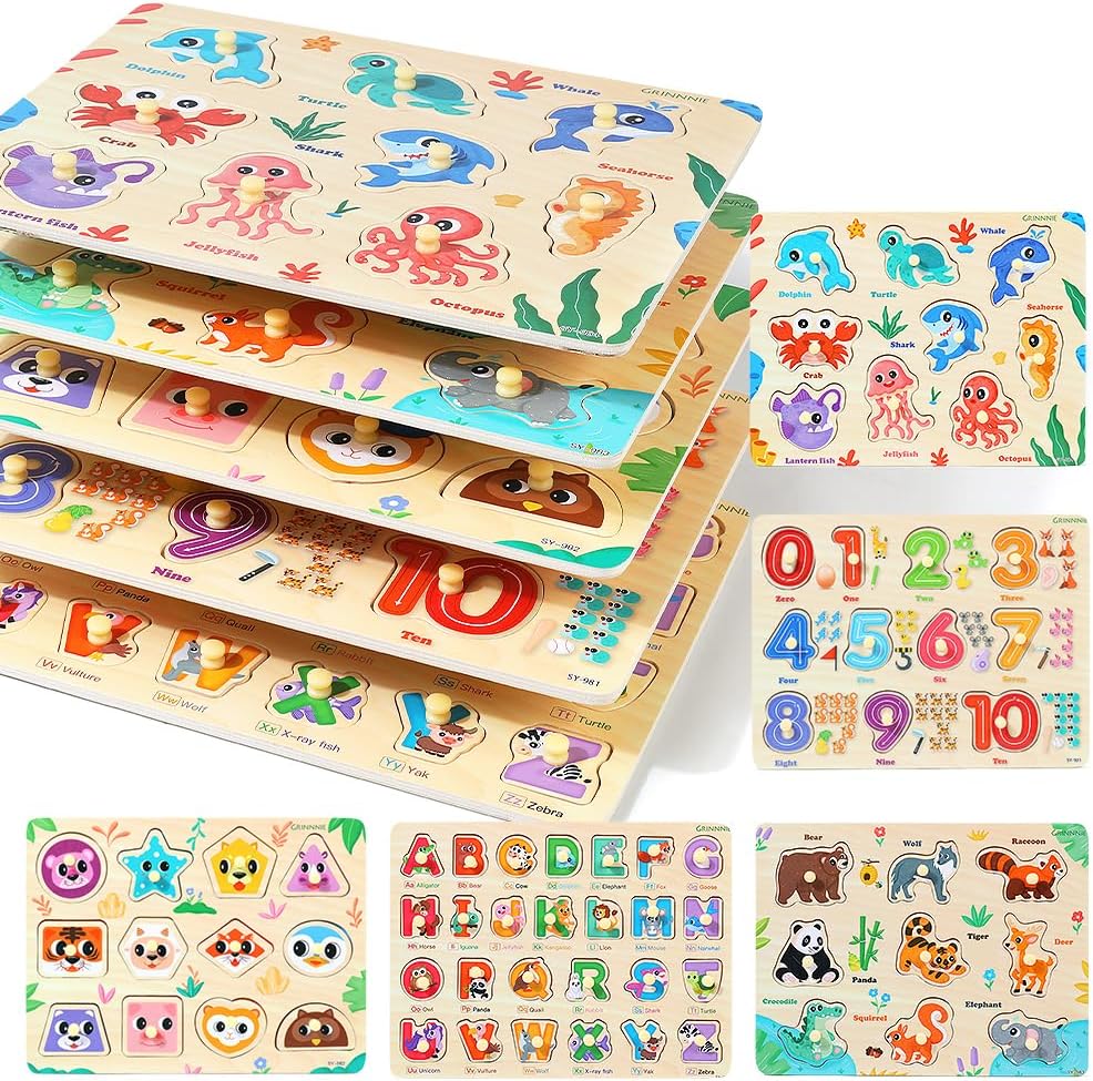 GRINNNIE - Rompecabezas de madera para niños pequeños de 3, 4 y 5 años, juguetes Montessori para niños pequeños, 5 rompecabezas con perilla, número, alfabeto, forma y animal, gran regalo de cumpleaños de Navidad para niños y niñas