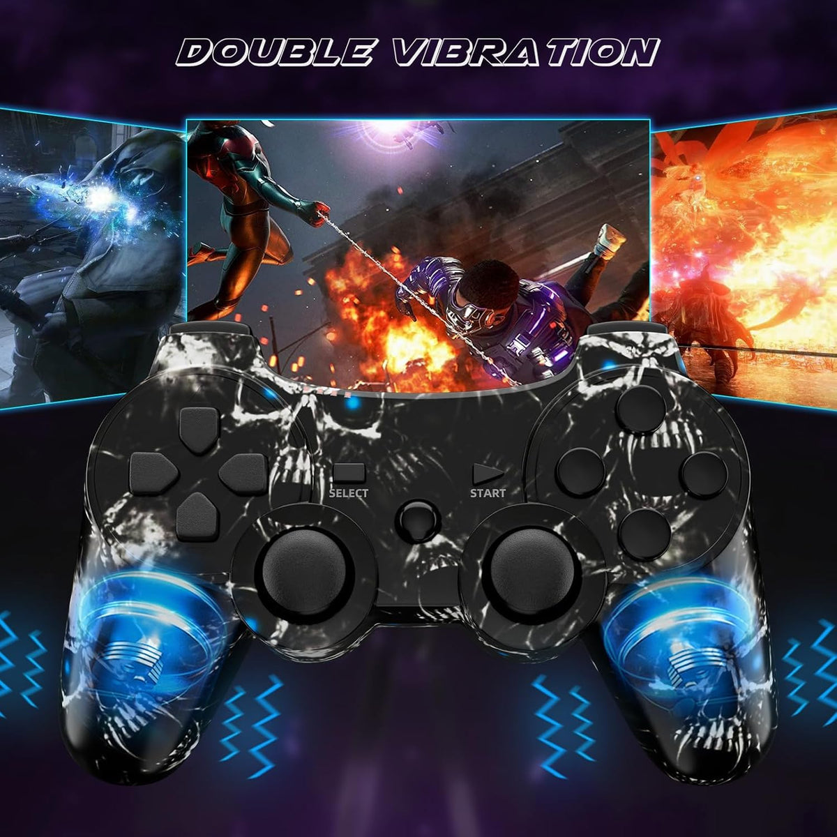 CHENGDAO Controlador para PS3 2 Pack Controladores Inalámbricos para PlayStation 3 6-Axis con Doble Vibración de Alto Rendimiento, Control de Movimiento, Cable de Carga USB (Calavera + Azul)