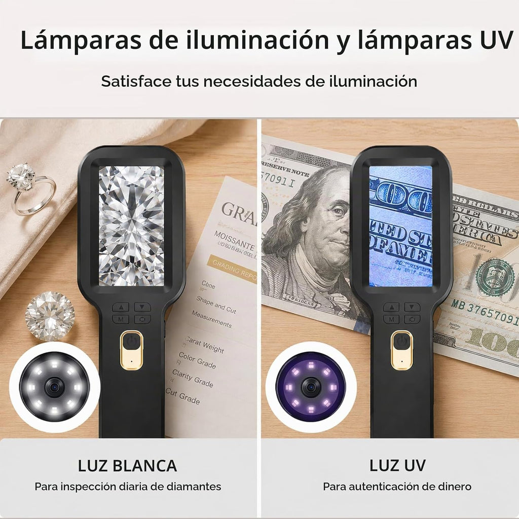 Microscopio Digital Portátil 500X, Pantalla HD IPS de 3", Ranador de Monedas y Joyas