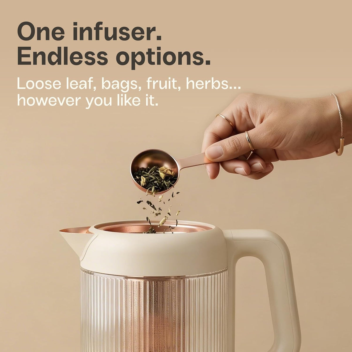 Viante Nina - Tetera eléctrica con infusor, sin plástico en contacto con el agua, vidrio de borosilicato de 1.5L, acero inoxidable 304, 4 preajustes de temperatura, mantiene el calor, inalámbrico
