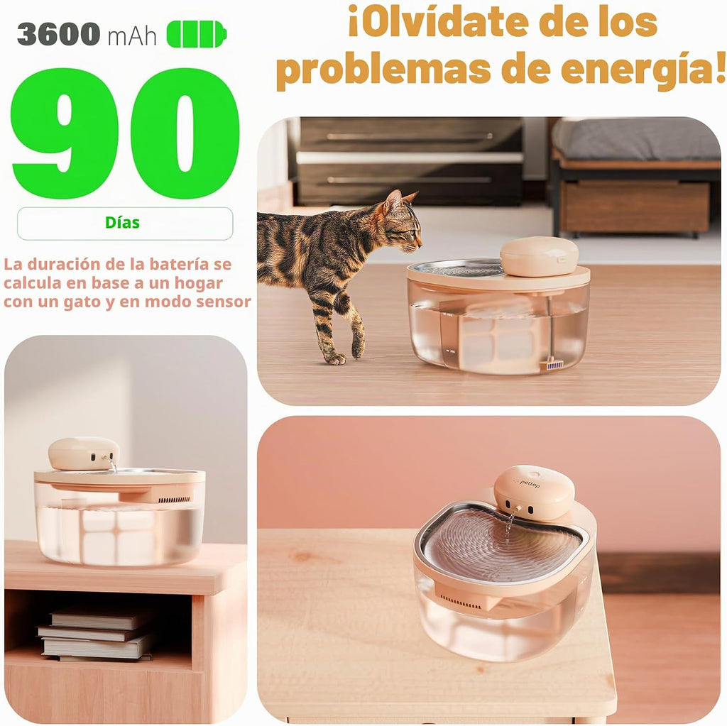 Fuente de agua para gatos sin bombas, fuente para mascotas para gatos en interiores, 3L/102 onzas, dispensador automático de agua para gatos, bandeja de acero inoxidable, funciona con pilas, inalámbrica con sensor de movimiento