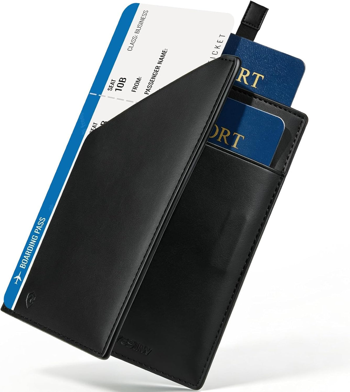YESIIW Soporte de cuero para pasaporte, cartera de pasaporte de viaje con bloqueo RFID, ranura magnética para tarjeta de embarque YKK con cremallera delgada para viajes de negocios y vacaciones, Negro